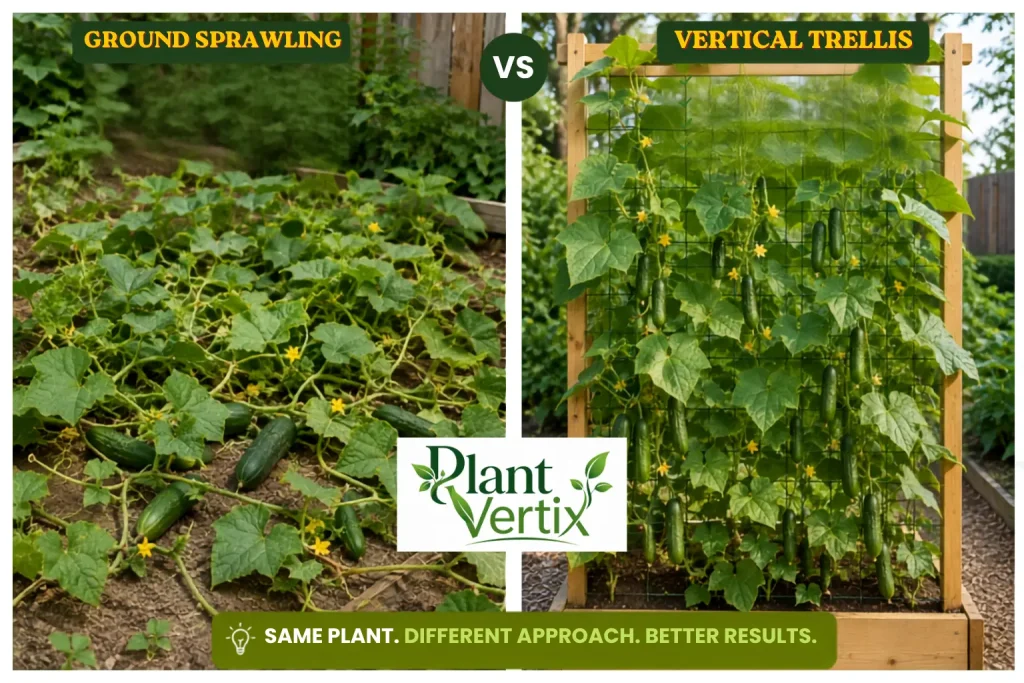 Cucumber vine sprawling on the ground versus trained vertically on a garden trellis