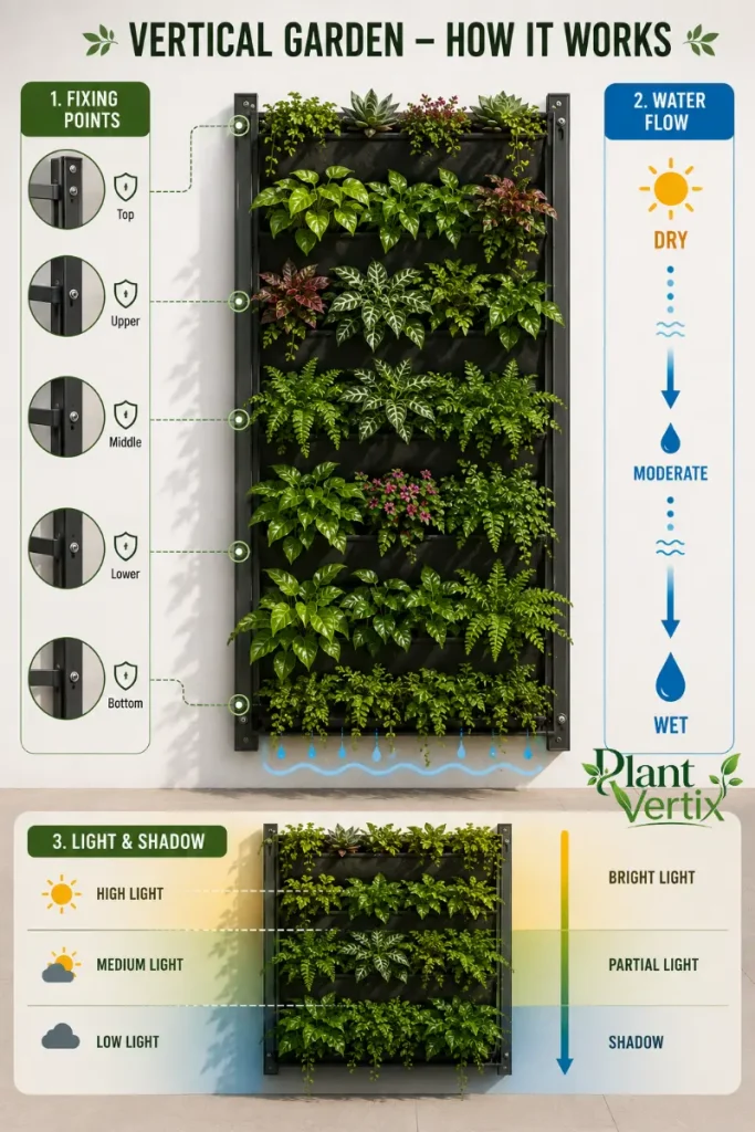 Diagram showing water drainage and light distribution in a vertical garden structure