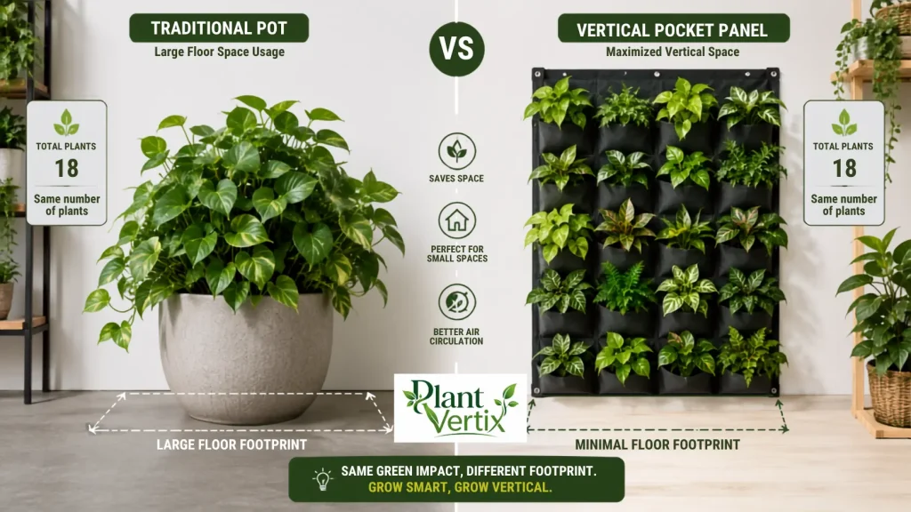 Large floor pot compared to wall-mounted pocket planter showing footprint difference