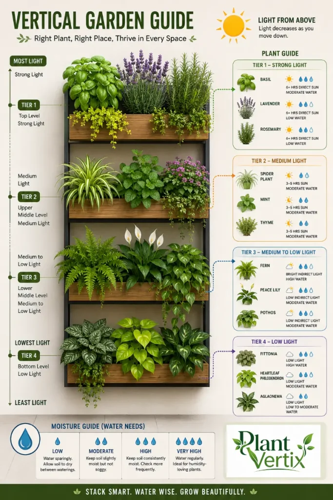 Wall-mounted shelf with planted pots as a simple vertical garden example