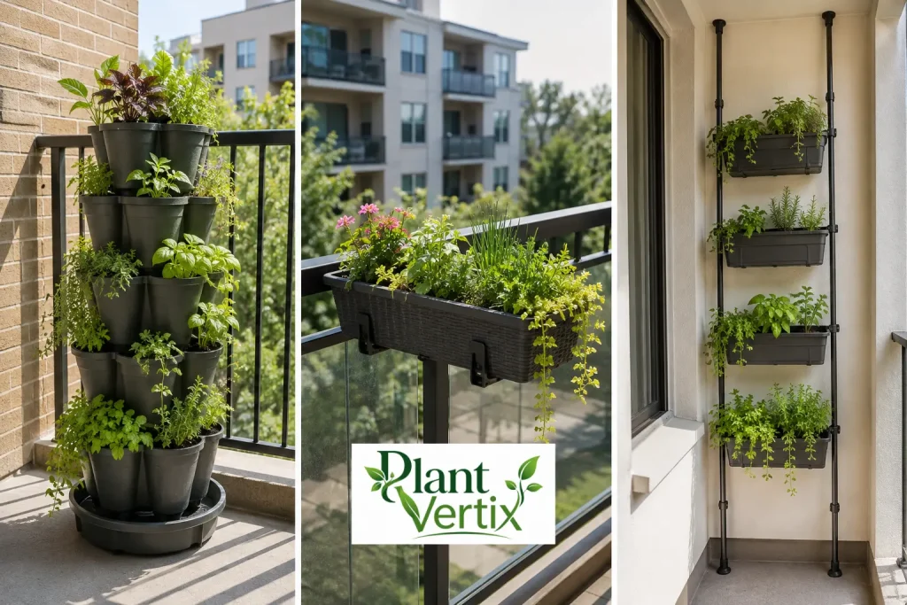 Three renter-safe vertical garden options: freestanding tower, railing-mounted planter, and tension-rod system