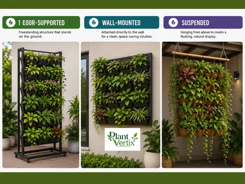 Three types of vertical garden structures: floor-supported, wall-mounted, and suspended