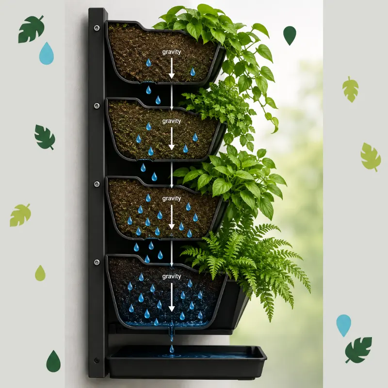 Water And Gravity Pulling Moisture Downward Through Vertical Garden Tiers 