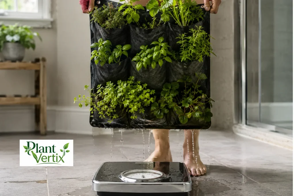 Bathroom scale weighing a freshly watered, dripping vertical garden planting pocket to measure saturated weight