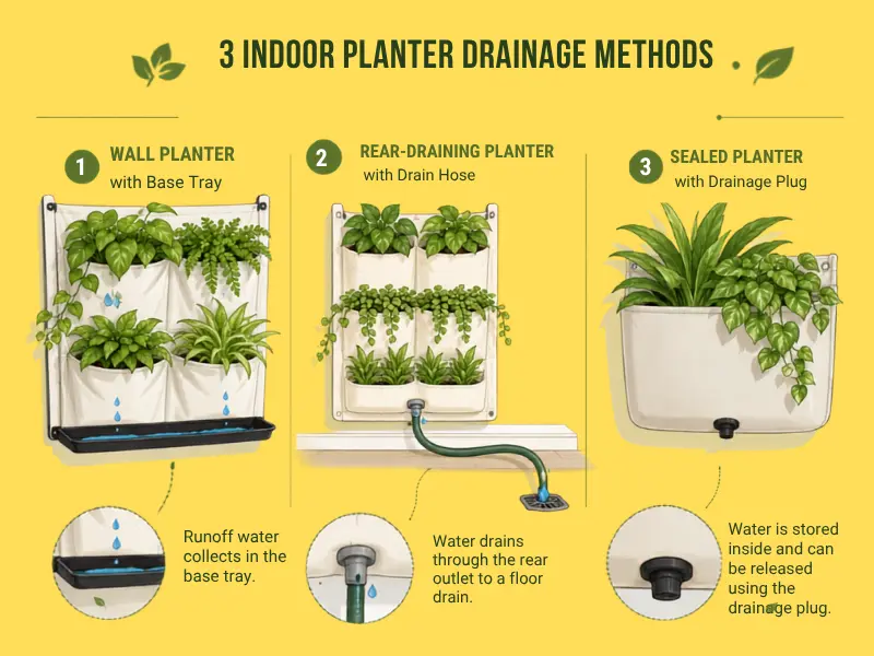 Comparison chart of indoor vertical garden drainage: base tray, plumbed rear drainage, and sealed reservoirs.