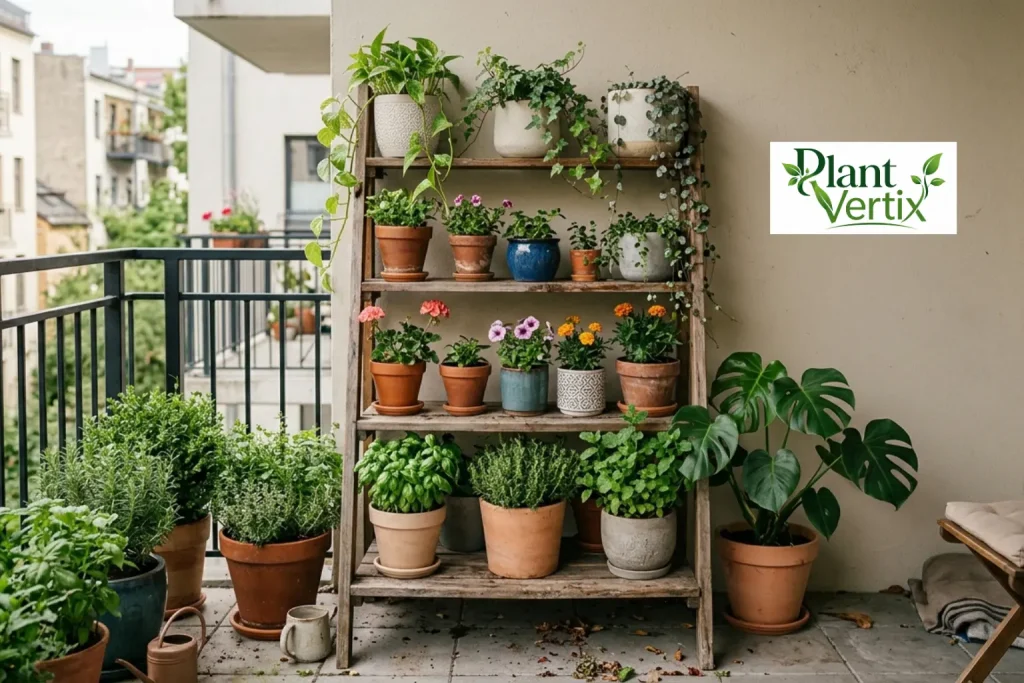 Freestanding tiered plant stand for a no-drill rental balcony
