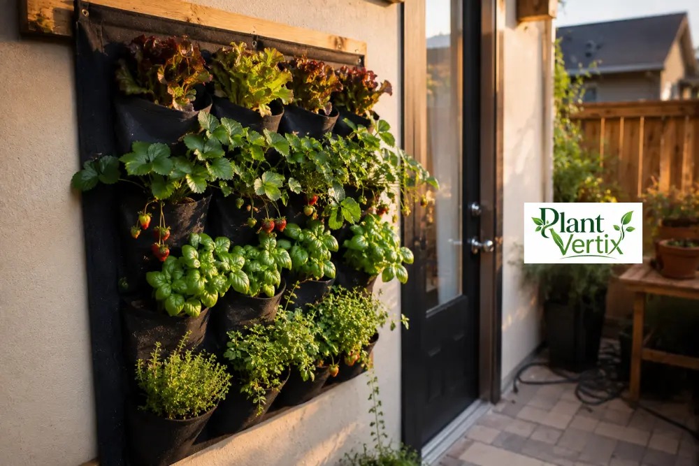 Herbs and greens in a vertical garden wall