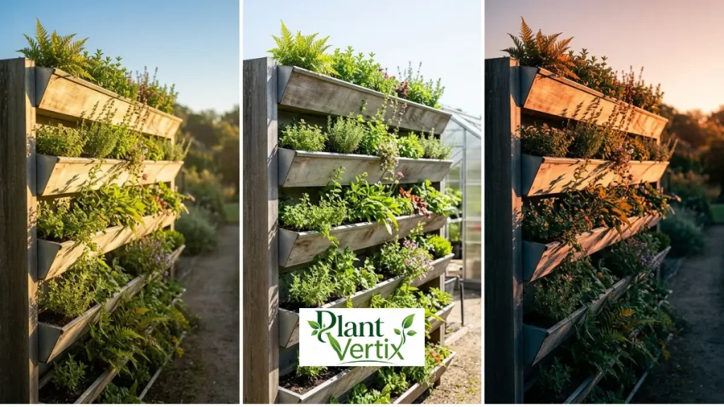 Same vertical garden wall photographed in morning, midday, and afternoon light showing how the top and bottom tiers shade differently across the day