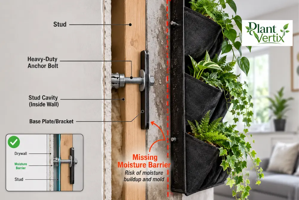 Cutaway illustration of a wall cross-section showing a vertical garden anchor mounted into drywall without a moisture barrier