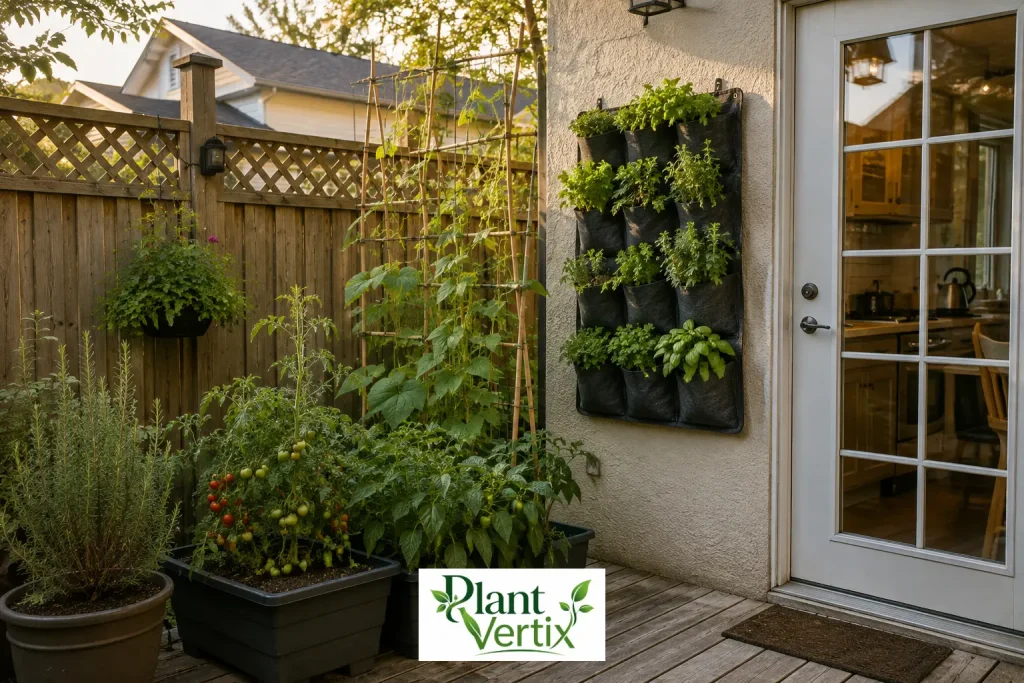 Small patio combining a raised bed, a trellis for climbing beans, and a wall-mounted herb planter