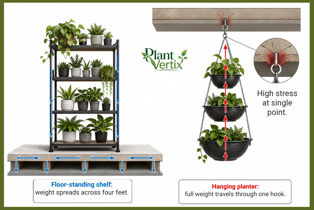 Diagram showing single-point load on a tiered plant hanger