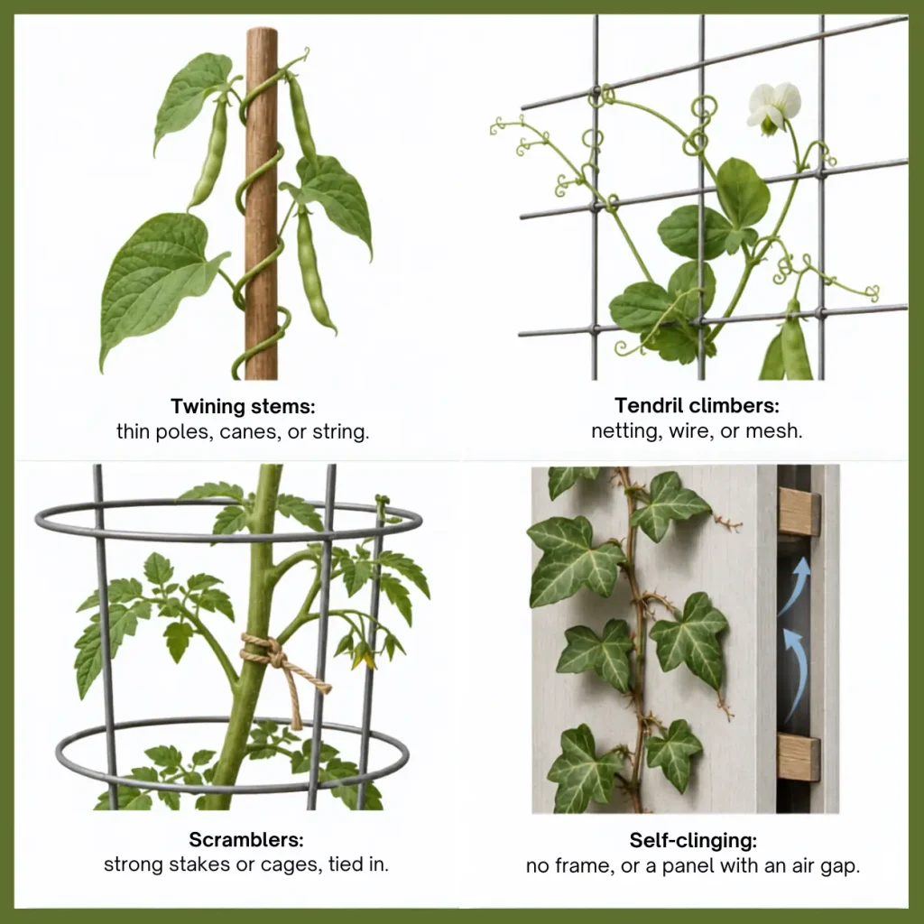 Trellis frame types matched to four climbing plant mechanisms