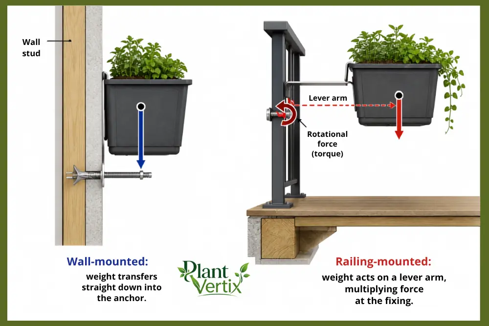 Leverage diagram: balcony railing planter cantilever vs wall load