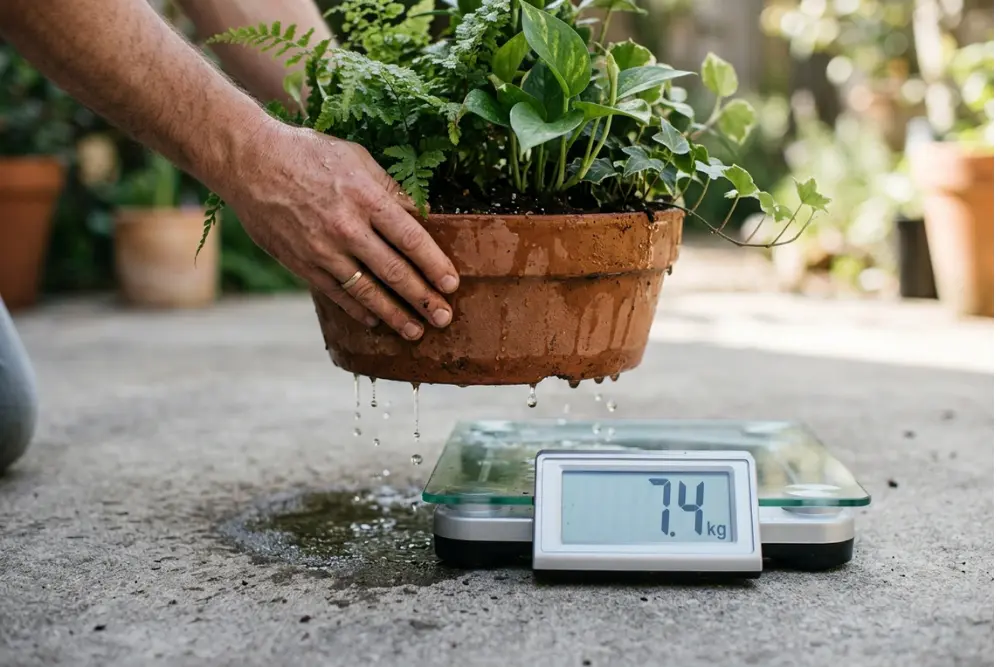 Weighing a planter to measure saturated potting mix weight