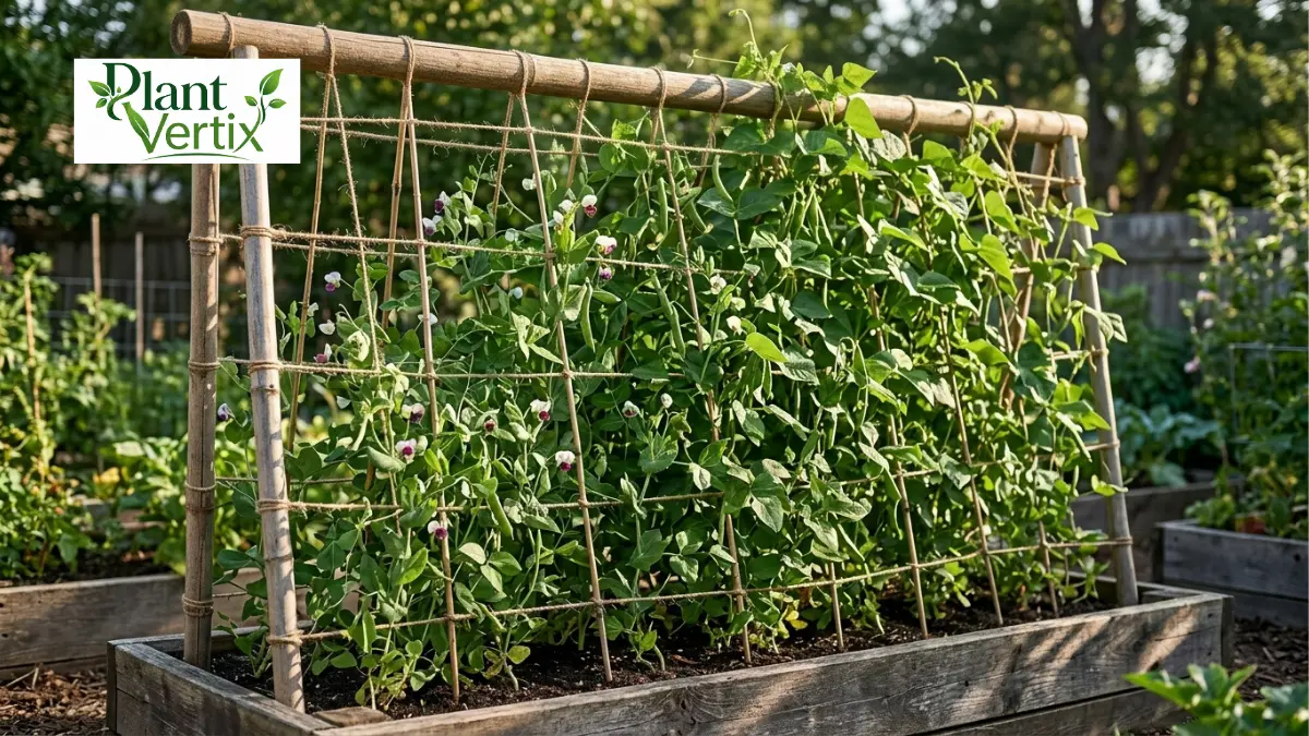 Vertical garden trellis frame with climbing beans and peas