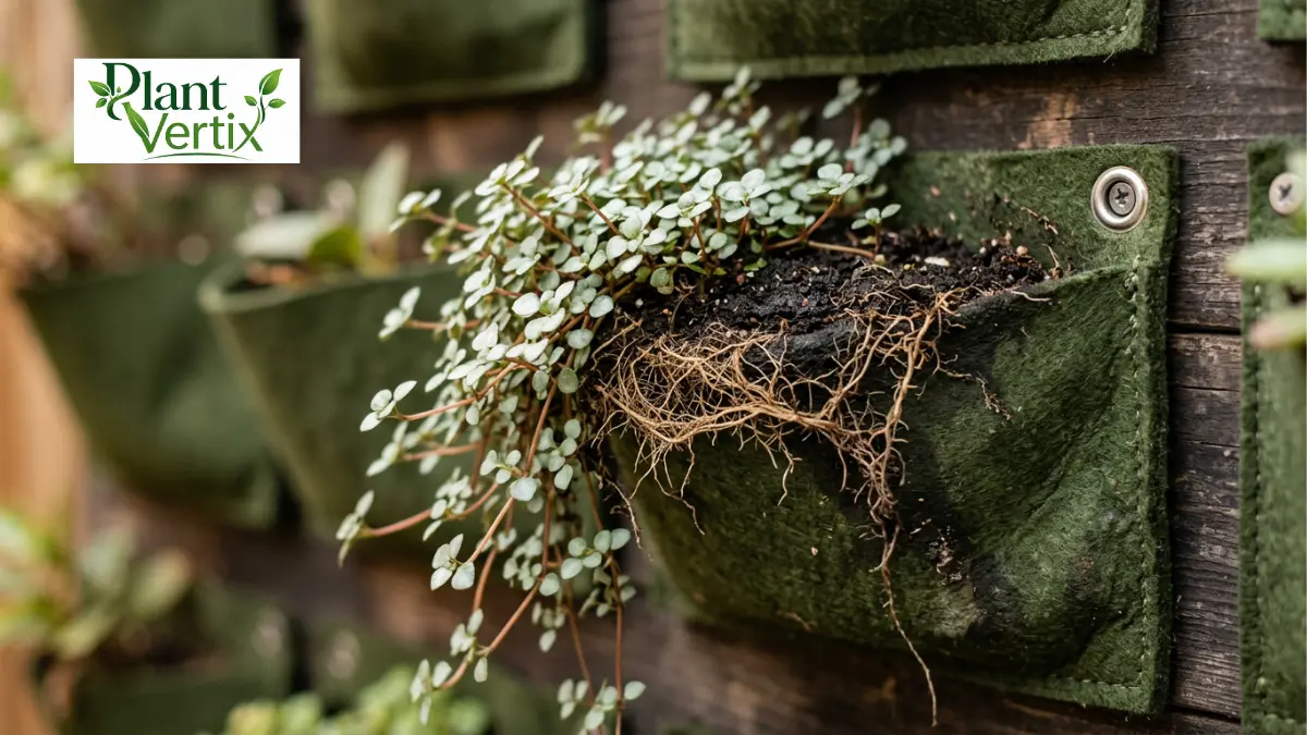 Close-up of a shallow vertical garden pocket planter with a plant whose roots are too large for the space
