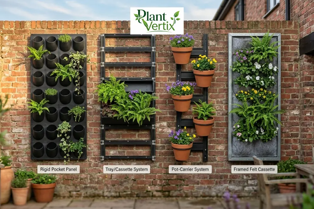Four types of vertical garden panel systems compared side by side