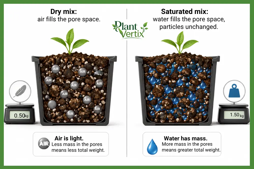 Diagram of dry vs saturated potting mix weight and pore space
