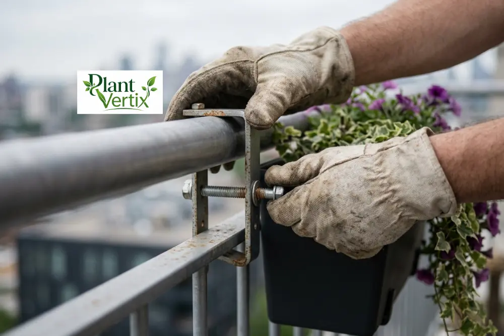 Inspecting a railing planter bracket for corrosion and wear