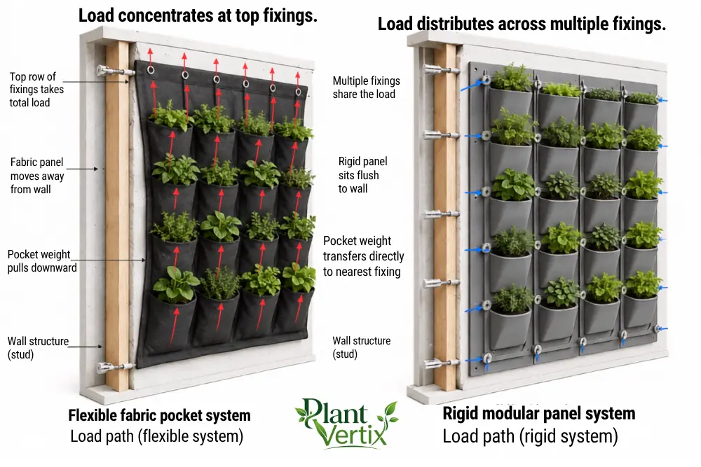Load path diagram comparing rigid vs fabric vertical garden panels