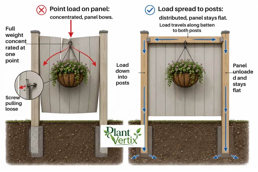 Load diagram comparing a fence trellis on a panel vs. posts