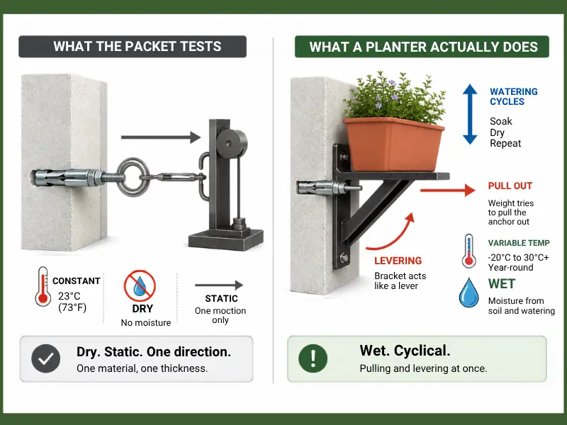 Diagram comparing a lab test rating to a real heavy-duty wall anchor load