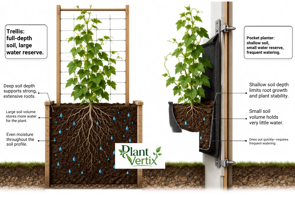 Root depth comparison: trellis frame vs pocket planter