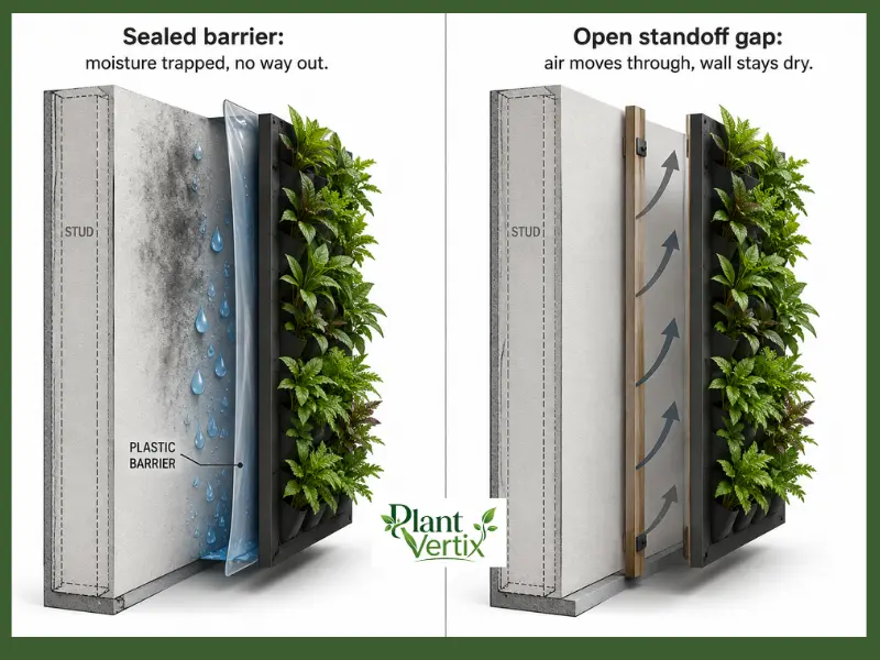 Diagram comparing a sealed barrier to a standoff gap for wall protection