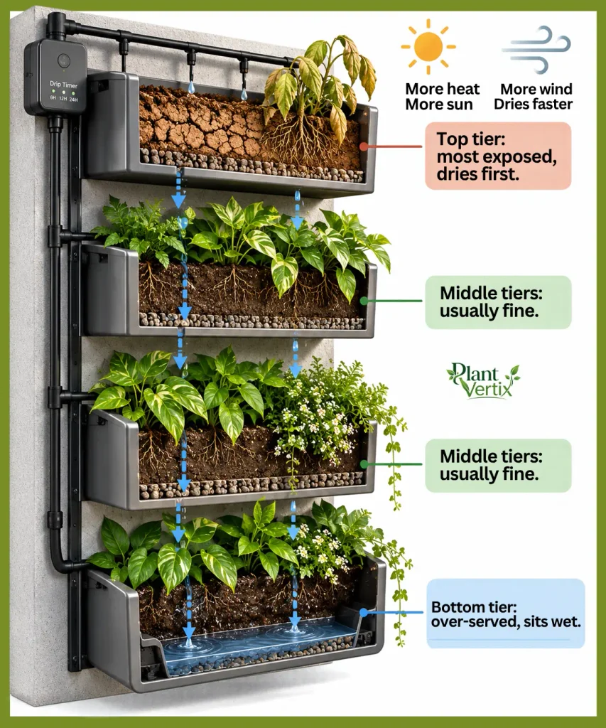 a vertical garden watering system's top-dry, bottom-wet imbalance