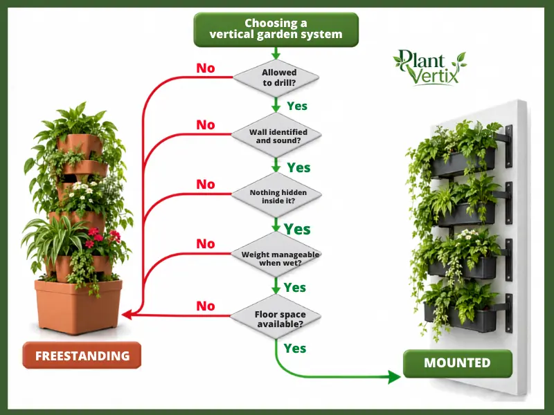 Decision flowchart for choosing a wall-mounted vertical garden