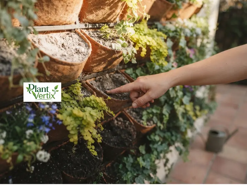 Finger-testing soil moisture in a vertical garden watering routine