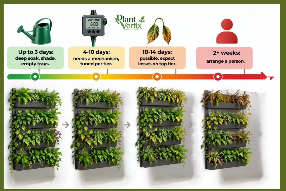 Vertical garden watering system timeline from 3 days to 2 weeks away