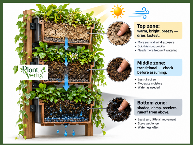 Vertical garden watering routine: top, middle, bottom zones