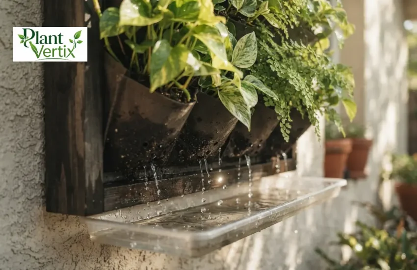 Water draining through a vertical garden drainage system