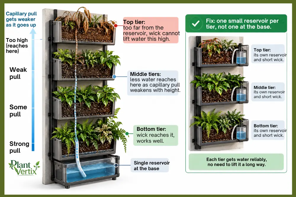 Wick height limit diagram for a vertical garden watering system