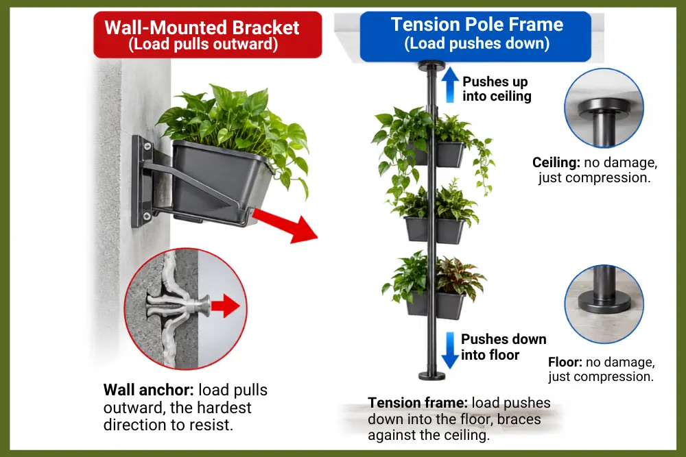comparing wall-anchor pull vs tension pole frame load