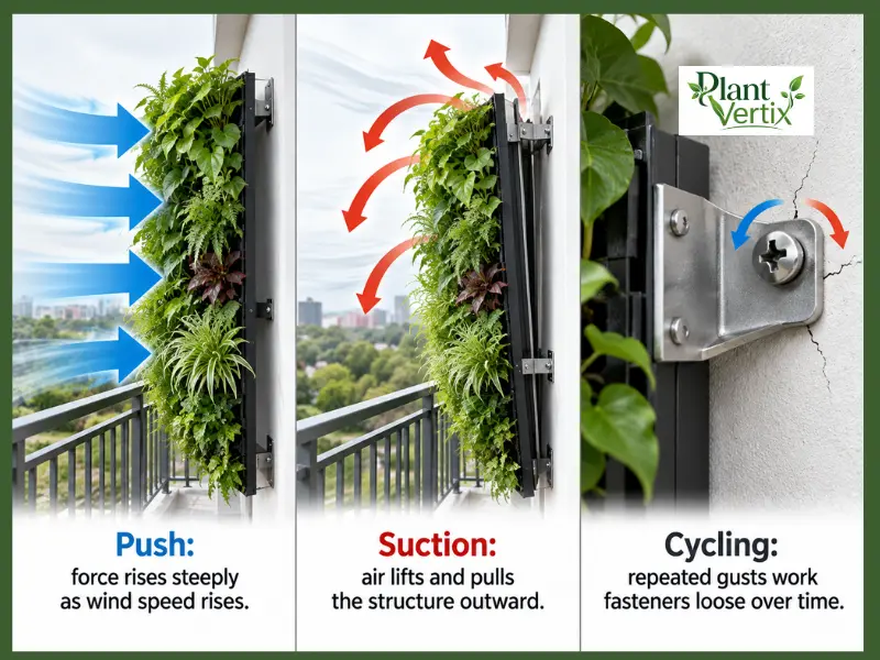 push, suction, and cycling forces on a wind-resistant vertical garden
