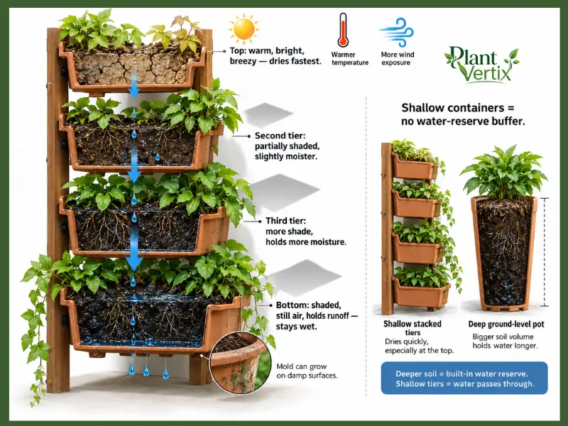 vertical garden microclimate gradient causing top-dry, bottom-wet zones